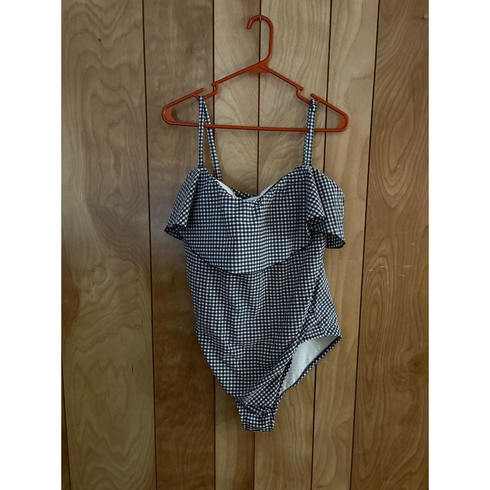 Kona Sol Womens XL Gingham Ruffle One Piece‎ Swimsuit Black White Checkered